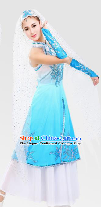 Chinese Traditional Hui Minority Blue Dress Ethnic Folk Dance Costumes for Women