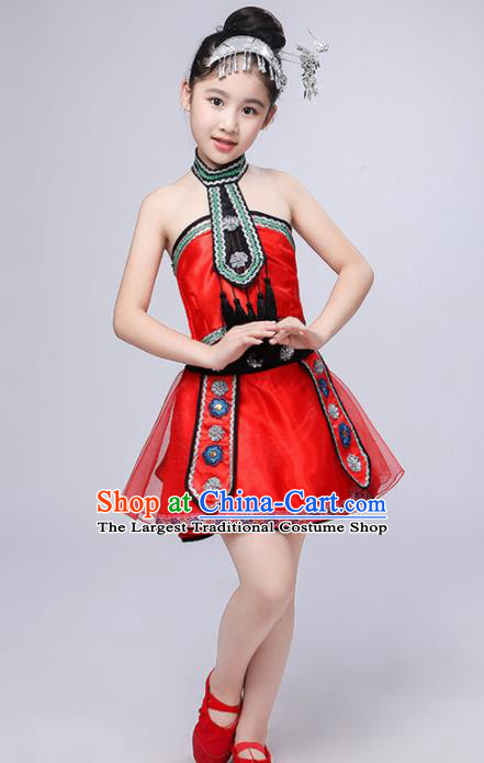 Chinese Traditional Dong Minority Folk Dance Clothing Ethnic Dance Red Dress for Kids