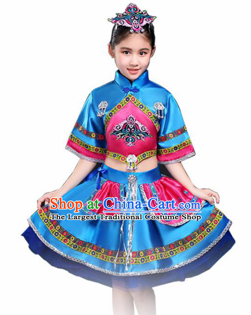 Chinese Traditional Miao Minority Folk Dance Clothing Ethnic Dance Blue Dress for Kids