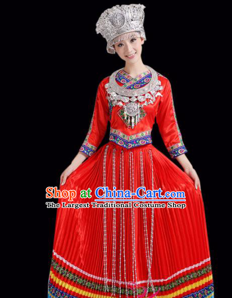 Chinese Miao Ethnic Minority Embroidered Red Dress Traditional Hmong Nationality Folk Dance Costumes for Women