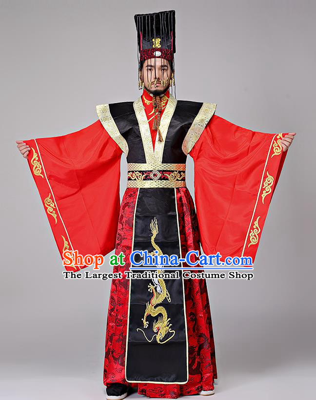 Traditional Chinese Qin Dynasty Drama Costumes Ancient Emperor Imperial Robe and Headwear for Men