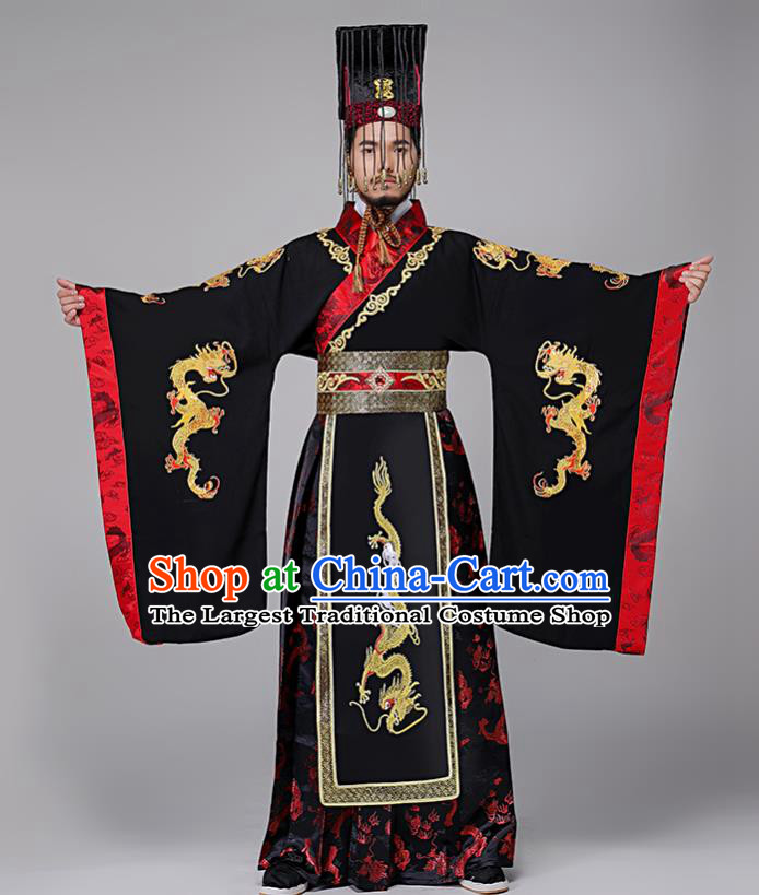 Traditional Chinese Drama Qin Dynasty First Emperor Costumes Ancient Emperor Imperial Robe and Headwear for Men