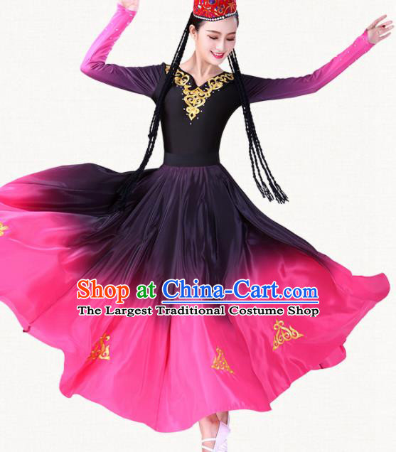 Chinese Traditional Uyghur Minority Pink Dress Uigurian Ethnic Folk Dance Costumes for Women