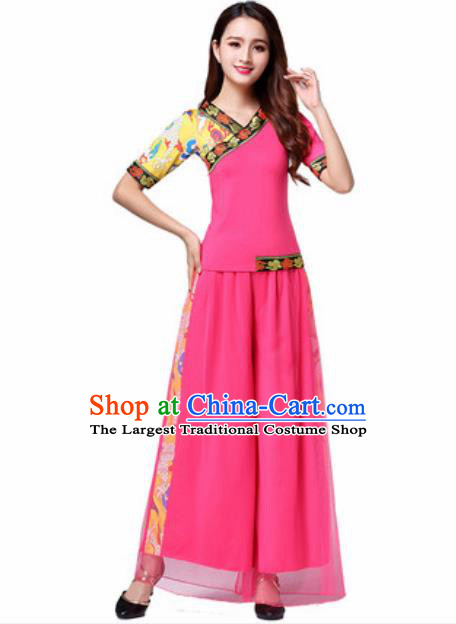 Traditional Chinese Folk Dance Yangko Pink Costumes Group Dance Fan Dance Clothing for Women