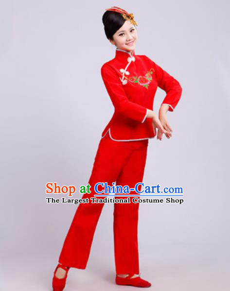 Traditional Chinese Folk Dance Fan Dance Costumes Yanko Dance Group Dance Red Clothing for Women