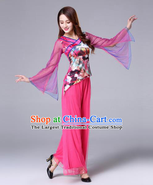 Traditional Chinese Folk Dance Rosy Costumes Fan Dance Yanko Dance Clothing for Women