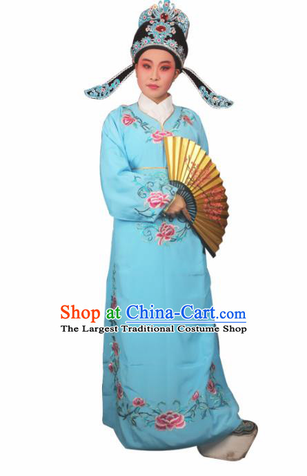 Professional Chinese Peking Opera Niche Costumes Gifted Scholar Embroidered Blue Robe for Adults