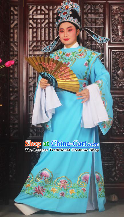 Top Grade Chinese Beijing Opera Niche Blue Costumes Peking Opera Scholar Embroidered Clothing for Adults