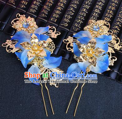 Chinese Traditional Hair Accessories Hair Clip Ancient Princess Blue Flowers Hairpins for Women