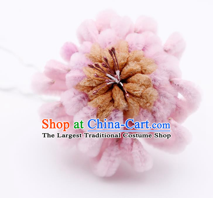 Chinese Traditional Hair Accessories Ancient Princess Pink Velver Chrysanthemum Hairpins for Women