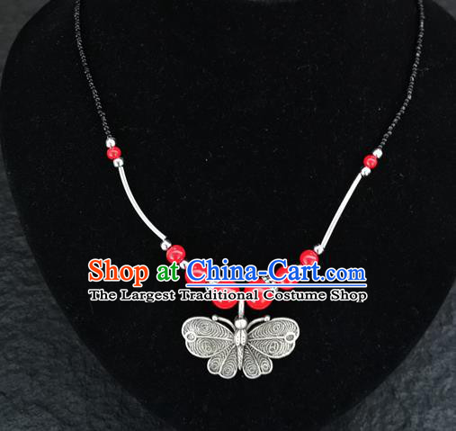 Chinese Traditional Jewelry Accessories Yunnan National Butterfly Pendant Red Beads Necklace for Women