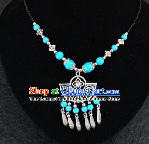 Chinese Traditional Jewelry Accessories Yunnan National Blue Beads Tassel Necklace for Women