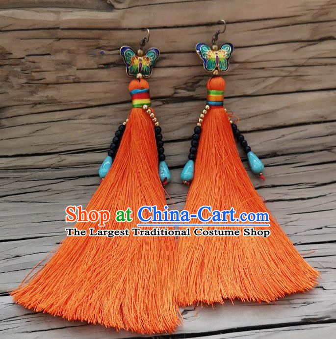 Chinese Traditional Embroidered Butterfly Earrings Yunnan National Orange Tassel Eardrop for Women