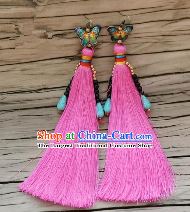 Chinese Traditional Embroidered Butterfly Earrings Yunnan National Pink Tassel Eardrop for Women