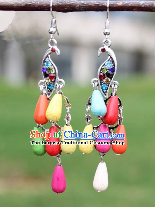 Chinese Traditional Colorful Peacock Tassel Earrings Yunnan National Minority Ear Accessories for Women