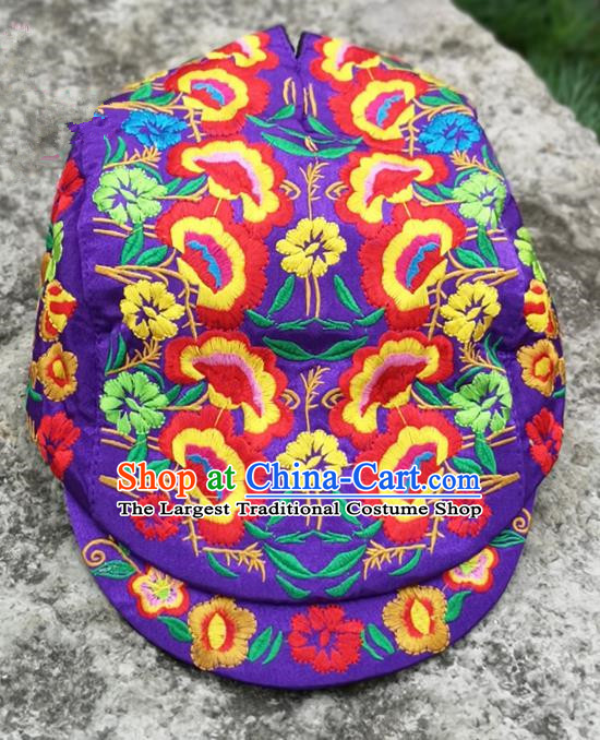 Chinese Traditional Embroidered Yunnan Dai Minority Purple Cap for Women