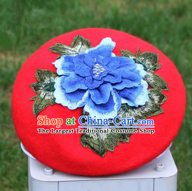 Chinese Traditional Embroidered Peony Yunnan Dai Minority Red Top Hat for Women