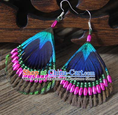 Chinese Traditional Ethnic Rosy Beads Feather Earrings National Ear Accessories for Women