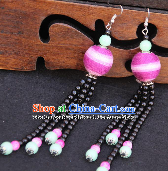 Chinese Traditional Ethnic Black Beads Tassel Venonat Earrings National Ear Accessories for Women