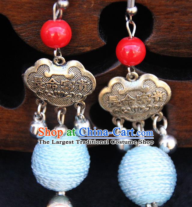 Chinese Traditional Ethnic Blue Venonat Longevity Lock Earrings National Ear Accessories for Women