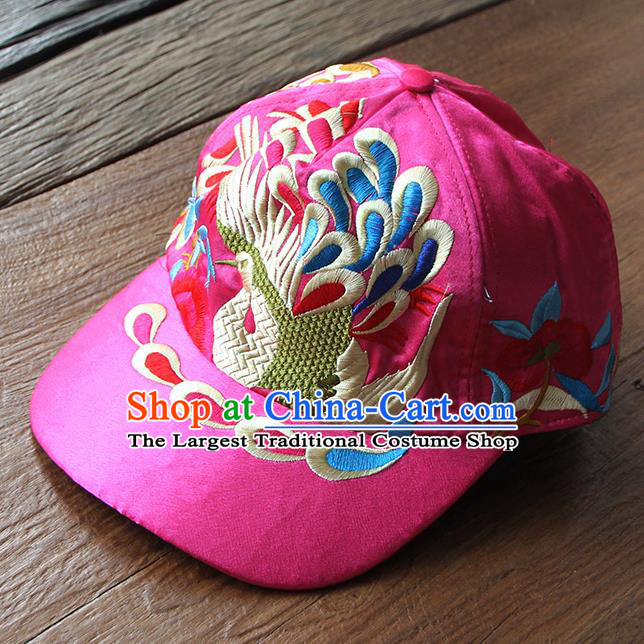 Chinese Traditional Embroidered Peacock Rosy Baseball Cap Yunnan Minority Hat for Women