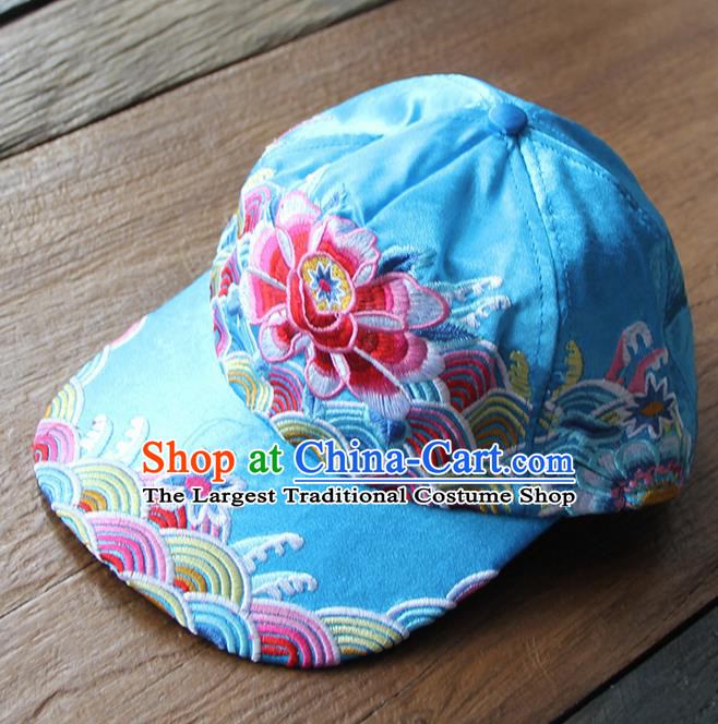 Chinese Traditional Embroidered Peony Blue Baseball Cap Yunnan Minority Hat for Women