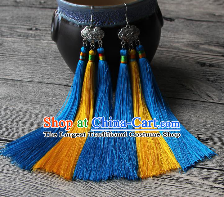 Chinese Traditional Ethnic Yellow and Blue Tassel Earrings National Longevity Lock Ear Accessories for Women