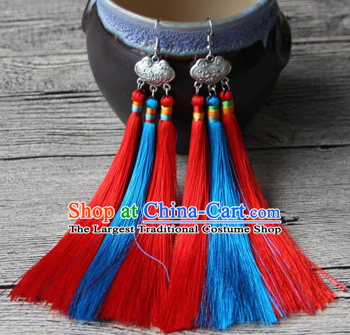 Chinese Traditional Ethnic Red and Blue Tassel Earrings National Longevity Lock Ear Accessories for Women