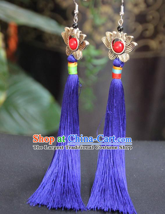 Chinese Traditional Ethnic Royalblue Tassel Lotus Earrings National Ear Accessories for Women