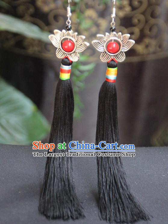 Chinese Traditional Ethnic Black Tassel Lotus Earrings National Ear Accessories for Women