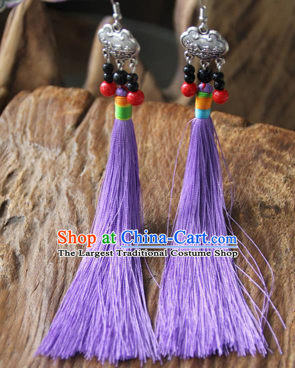 Chinese Traditional Ethnic Lilac Tassel Longevity Lock Earrings National Ear Accessories for Women