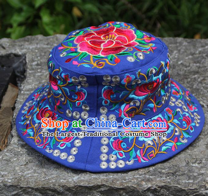 Chinese Traditional National Handmade Embroidered Peony Blue Hat for Women