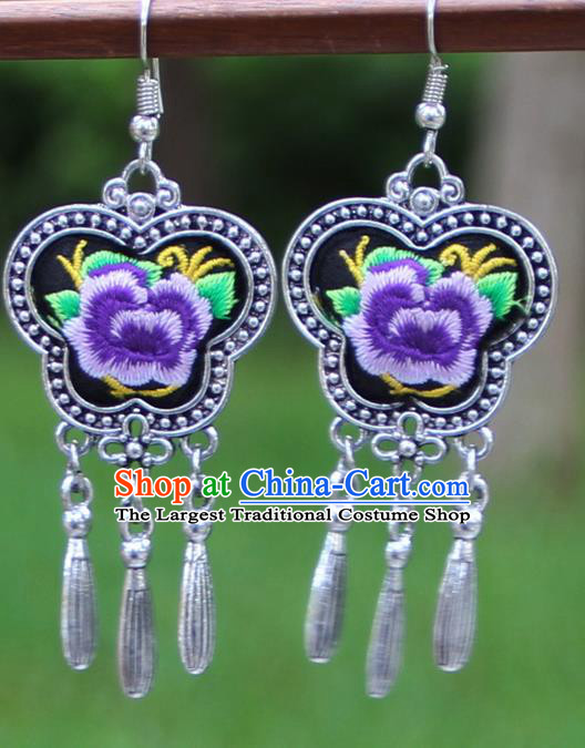 Chinese Traditional National Handmade Embroidered Purple Peony Earrings for Women