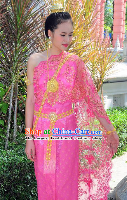 Asian Traditional Thailand Costumes National Handmade Embroidered Rosy Dress for Women