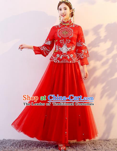 Traditional Chinese Wedding Costume Ancient Bride Embroidered Red Xiuhe Suit Clothing for Women