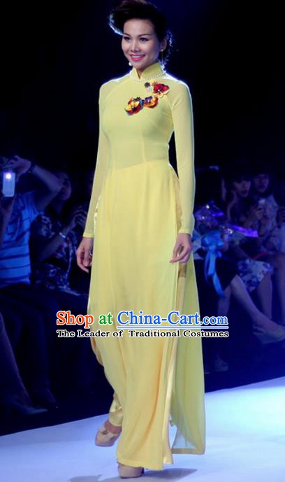 Asian Vietnam Wedding Costume Vietnamese Trational Dress Printing Yellow Ao Dai Cheongsam Clothing for Women