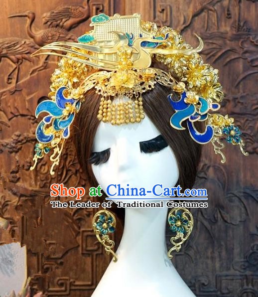 Chinese Handmade Classical Blueing Phoenix Coronet Tassel Hairpins Hair Accessories Ancient Bride Headwear for Women