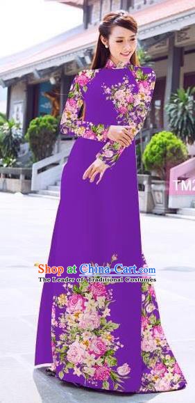 Asian Vietnam Palace Costume Vietnamese Trational Dress Printing Purple Ao Dai Cheongsam Clothing for Women
