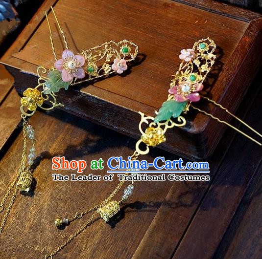 Chinese Handmade Classical Hair Accessories Ancient Pink Flowers Hairpins Tassel Step Shake for Women