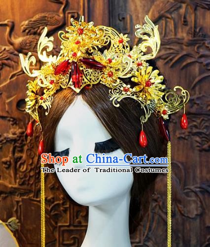 Chinese Handmade Classical Luxurious Tassel Phoenix Coronet Tassel Hair Accessories Ancient Bride Hairpins for Women