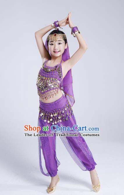 Traditional India Dance Purple Costume, Asian Indian Belly Dance Paillette Clothing for Kids