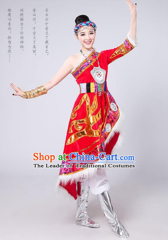 Traditional Chinese Mongol Nationality Dance Costume, Mongols Female Folk Dance Embroidery Red Dress for Women