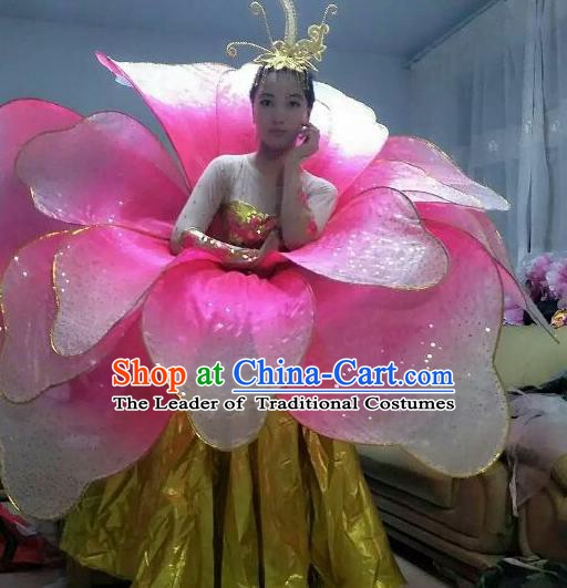 Professional Modern Dance Stage Performance Lotus Dance Dress Pink Flowers Costume for Women