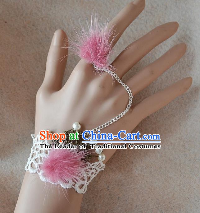 European Western Bride Vintage Renaissance Pink Venonat Lace Bracelet with Ring for Women