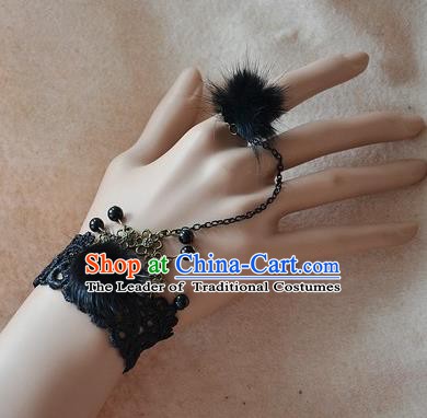 European Western Bride Vintage Renaissance Black Venonat Lace Bracelet with Ring for Women