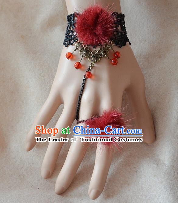 European Western Bride Vintage Renaissance Red Venonat Lace Bracelet with Ring for Women