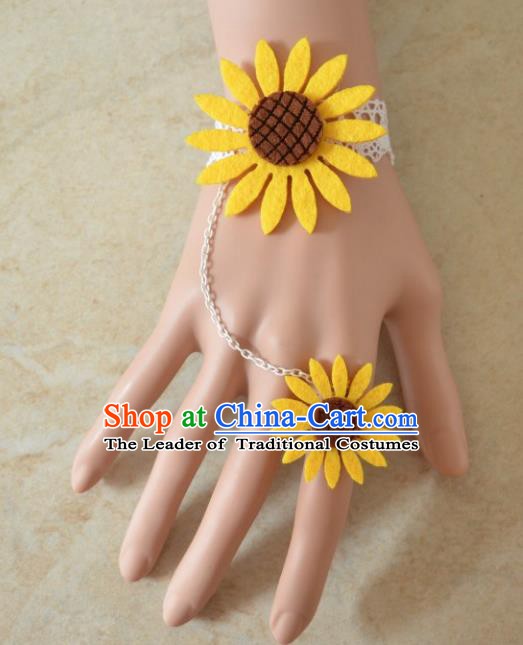 European Western Bride Wrist Accessories Vintage Renaissance Yellow Sunflower Bracelet with Ring for Women