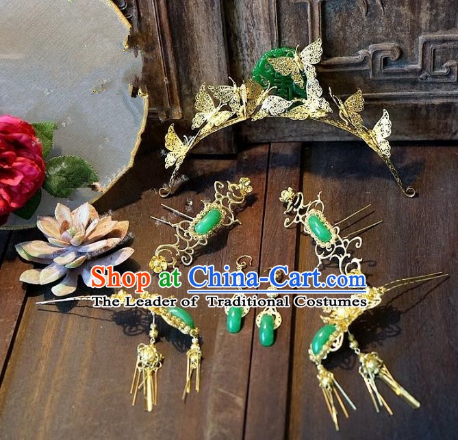 Chinese Handmade Classical Wedding Jade Hairpins Ancient Hanfu Hair Accessories Phoenix Coronet Complete Set for Women