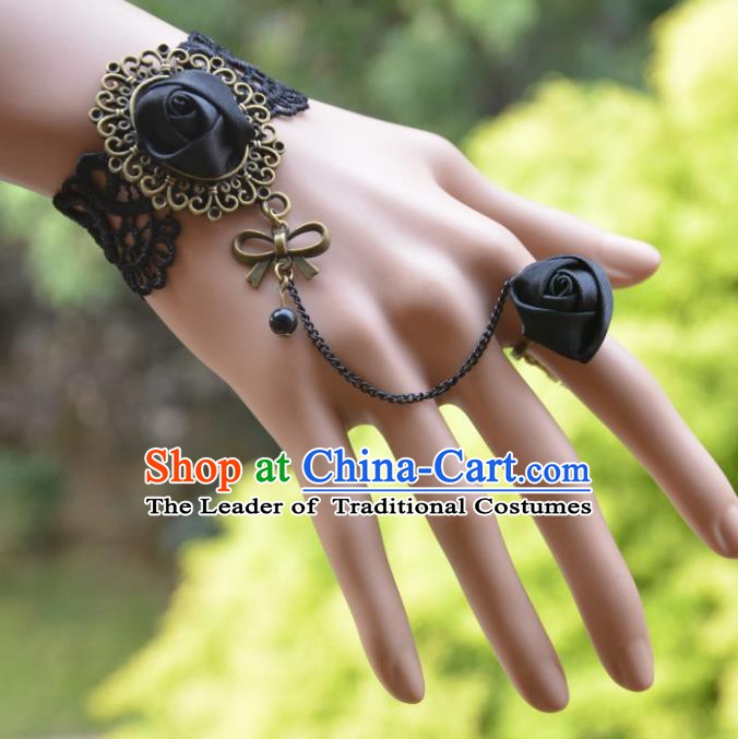 European Western Bride Wrist Accessories Vintage Renaissance Black Lace Bracelet with Ring for Women