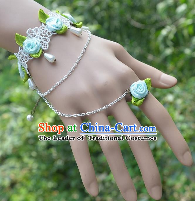 European Western Bride Vintage Jewelry Accessories Renaissance Blue Flowers Pearl Bracelet with Ring for Women